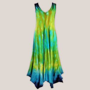 Sequana Tie Dye Dress | Green, Yellow, Blue V-Neck Mid-Length Flowy Dress